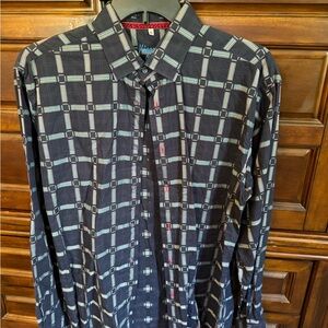 “Visconti Black” Navy Blue Geometric Button-Up Shirt - Men's Long Sleeve